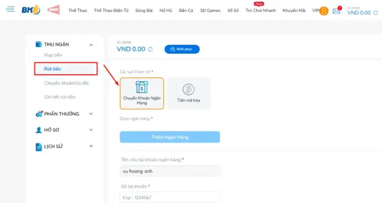 Rút tiền 888SLOT bằng chuyển tài khoản ngân hàng
